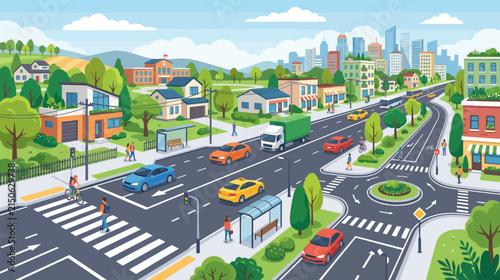 Vibrant Cityscape: Busy Street with Cars, Roundabout & Modern Buildings