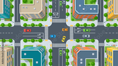 Aerial View of Busy City Intersection with Cars, Buildings, and Pedestrian Crossings