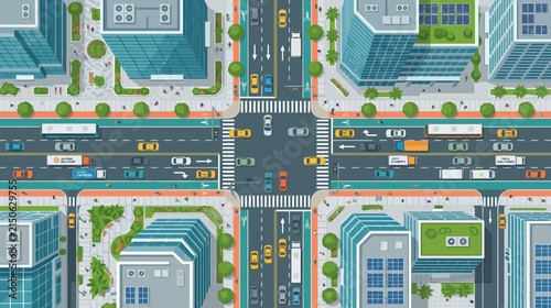 Aerial view of a busy city intersection with traffic, buildings, and pedestrians.