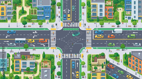 Vibrant City Intersection with Traffic, Pedestrians, and Green Spaces