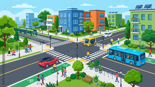 Sustainable Urban Cityscape with Eco-Friendly Transportation, Green Buildings, and People