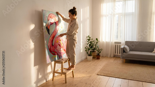 Woman hanging a vibrant flamingo painting in a bright minimalist room