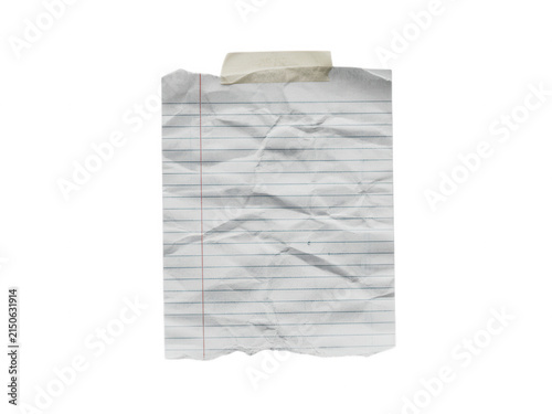 Crumpled lined notebook paper sheet with adhesive tape isolated on transparent background for creative design projects