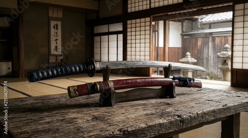 Traditional Samurai Swords Displayed on Wooden Table Inside Japanese Room, Cultural Heritage Photography, Elegant Interior Environment
