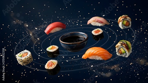 A Cosmic Culinary Journey of Sushi Varieties in Space with Soy Sauce Dip