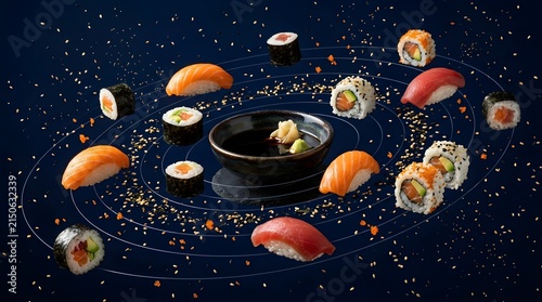 Sushi Creation, Culinary Art, Japanese Cuisine, Food Photography, Cosmic Presentation, Vibrant Environment, Gourmet Experience