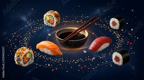 Artistic Food Display in Cosmic Setting with Soy Sauce and Chopsticks