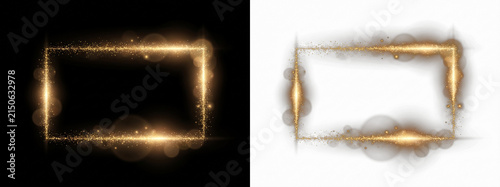 Golden light frame, glowing particles rectangle border for promotion, Transparent background