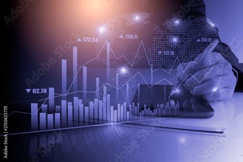 Business man on digital stock market financial indicator background. Digital business and stock market financial indicator on LED. Double exposure of business man and digital stock market financial.