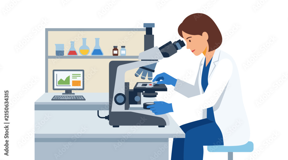 Fototapeta premium Female scientist using a microscope in a laboratory