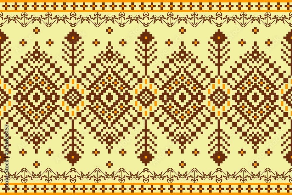 seamless geometric pattern
A seamless traditional tribal border pattern featuring diamond shapes and pixel-art style geometric motifs in shades of orange and yellow, 