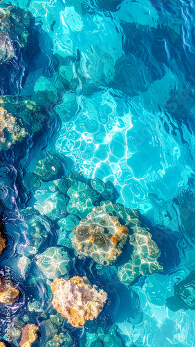 海底が見える透明感のあるエメラルドグリーンの海と波の俯瞰イラスト　縦型背景