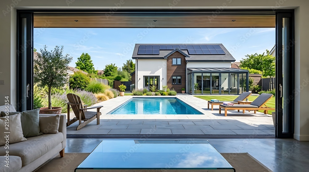 Fototapeta premium Modern luxury home with swimming pool, patio, and open plan living area with sliding glass doors