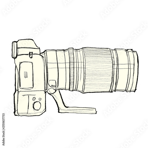 Foto Hand-drawn sketch of a professional camera with a zoom lens on a dark background