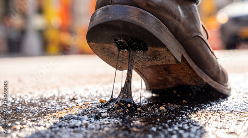 Stuck in a Sticky Situation: A man's shoe is caught in a wad of sticky chewing gum on a city sidewalk, a common urban nuisance.