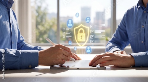 Business professionals use stylus on tablet with holographic cybersecurity shield