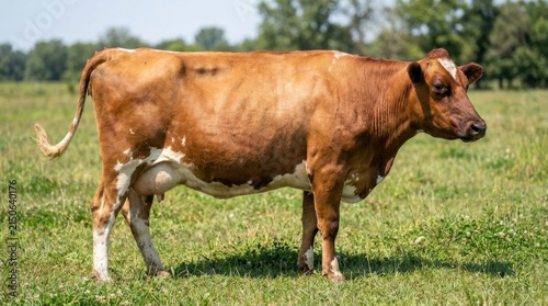 Brown Cow Standing in a Green Grassy Field on a Sunny Day.