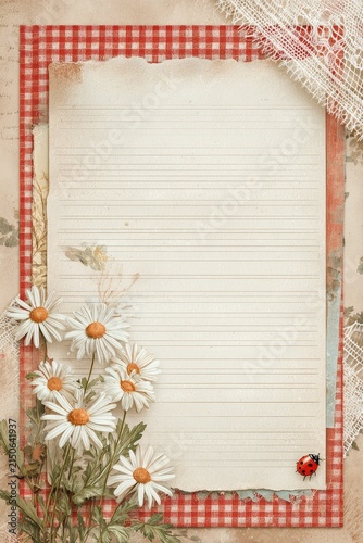 Whimsical vintage watercolor journaling page with soft faded lines, delicate white daisies and ladybug in corner, red gingham fabric, lace trim, textured antique paper, cottagecore aesthetic