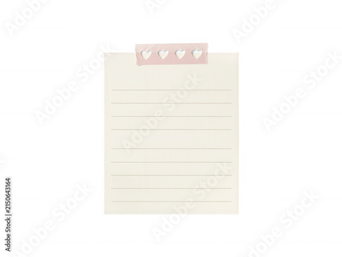Single cream paper sheet with lined texture and pink heart washi tape isolated on transparent background