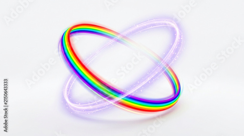 Vibrant rainbow spectrum ring gracefully intertwined with an ethereal glowing light trail, symbolizing connection, energy, and diversity on a clean white background.
