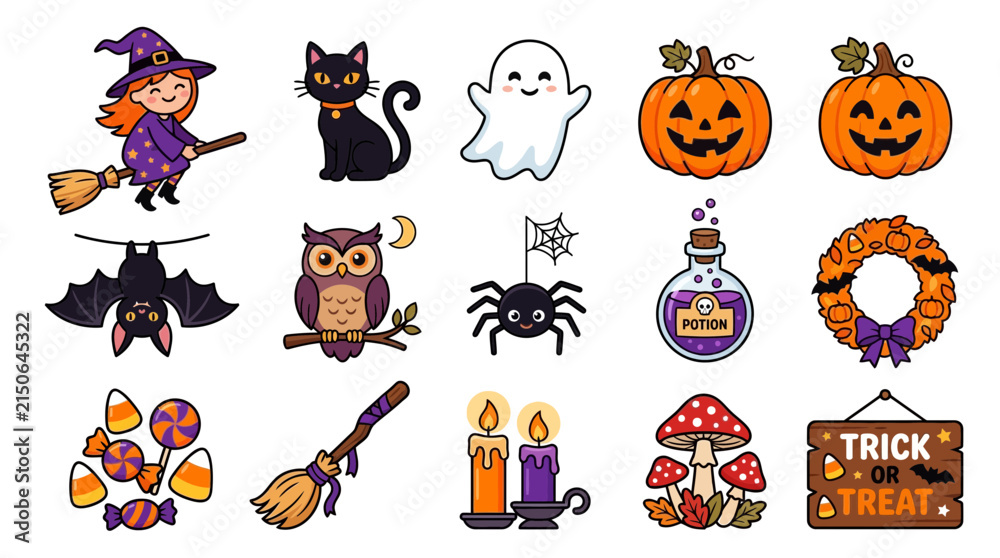 Fototapeta premium Halloween icons featuring a witch, black cat, ghost, jack-o'-lanterns, bat, owl, spider, magic potion, and trick or treat sign are arranged in a grid.