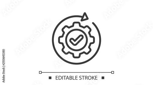 Minimalist black outline gear icon with a central checkmark inside a circular rotating arrow sign