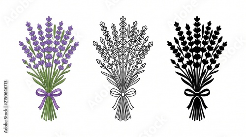 Lavender flower bouquet set, purple floral bunch with ribbon, botanical line art and black silhouette icons for wedding stationery