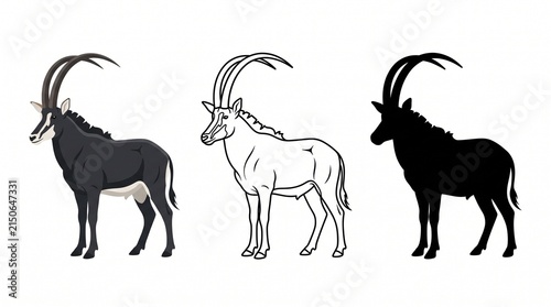 Sable antelope illustration set, African wildlife icons in color, line art, and silhouette styles, wild animal graphics