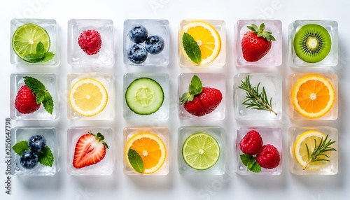 Square ice cubes filled with fresh fruits and mint leaves.