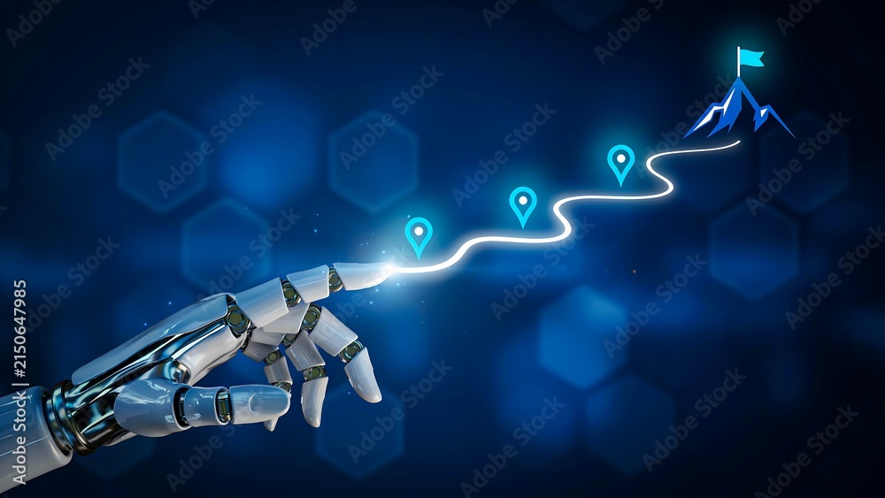 Naklejka premium Artificial intelligence and robotics concept with robotic hand following a glowing path toward digital innovation