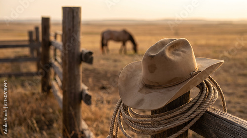 Felt western hat and braided lasso rope, hanging over wooden corral fence, positioned in soft evening light, across open prairie farmlands, rural ranching photography