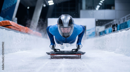 Male skeleton racer in blue speed suit, with silver helmet facing forward, sliding headfirst on sled, in professional ice track, sports photography