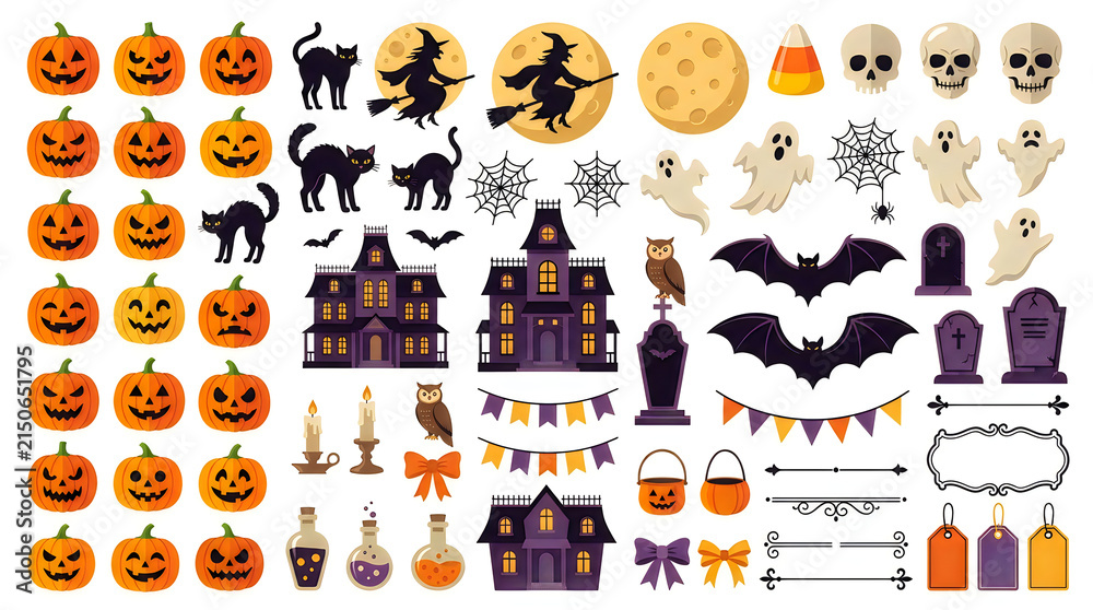 Fototapeta premium Cute flat Halloween icon set with smiling pumpkins, haunted houses, witches, black cats, bats, ghosts, and decorative banners. Cartoon vector style for invitations, web design
