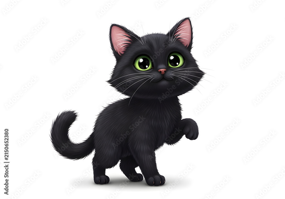 Fototapeta premium Adorable black kitten with green eyes standing on hind legs against plain white backdrop