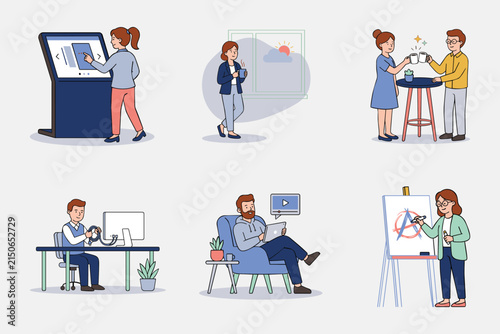 Modern Business Office Illustration Collection Featuring Employees, Meetings, Technology and Professional Activities