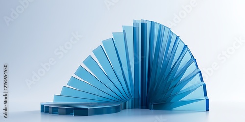 Dynamic 3D spiral of blue transparent glass panels creating a sweeping geometric curve. High tech digital background with translucent crystal layers and minimalist aesthetic