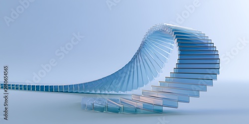Abstract 3d render background, blue translucent glass plates arranged in a geometric spiral. Modern transparent crystal layers with light refraction and soft shadows on a clean white backdrop