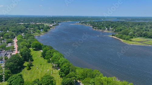 Barrington River aerial view in summer in town of Barrington, Rhode Island RI, USA. 