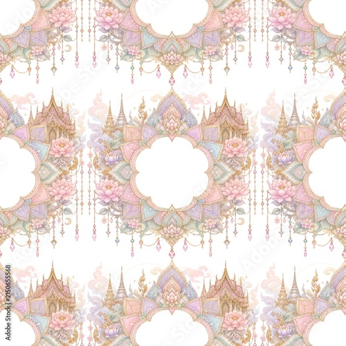 Pastel castle motifs float in delicate floral patterns