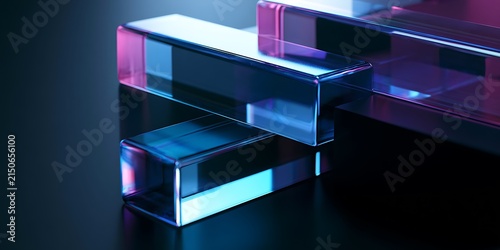 Cyber elements made of transparent glass and liquid acrylic purple blue glow on black backdrop cinematic tech background design cover art visuals 3d rendering