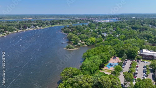 Historic waterfront building aerial view on Barrington River in historic town of Barrington, Rhode Island RI, USA. 