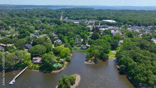 Historic waterfront building aerial view on Barrington River in historic town of Barrington, Rhode Island RI, USA. 