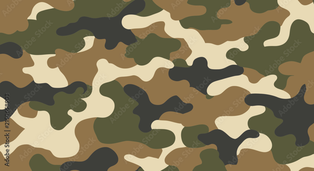 Fototapeta premium Woodland Camouflage Pattern - Green, Brown, Black, Tan Abstract Military Design