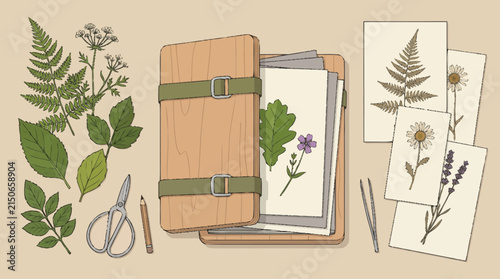 Botanical plant press wooden kit with dried flowers herbarium pages scissors and foliage illustration