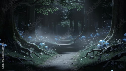 Mystical forest pathway with glowing blue mushrooms and enchanting soft light in a magical woodland