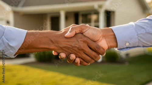 Close up of diverse people shaking hands outside house symbolizing agreement and partnership