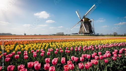 Colorful tulip fields with traditional Dutch windmill under clear blue sky in spring landscape