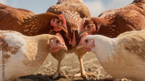 Close up of free range chickens pecking on organic farm soil under natural sunlight