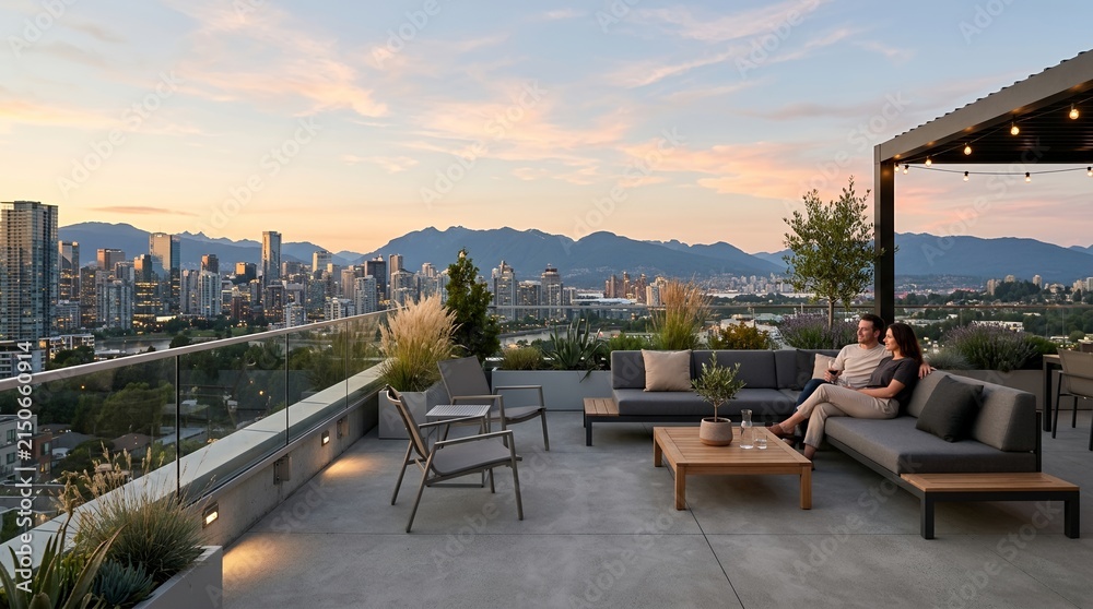 Fototapeta premium Couple enjoying sunset on a modern rooftop terrace overlooking city skyline and mountains.