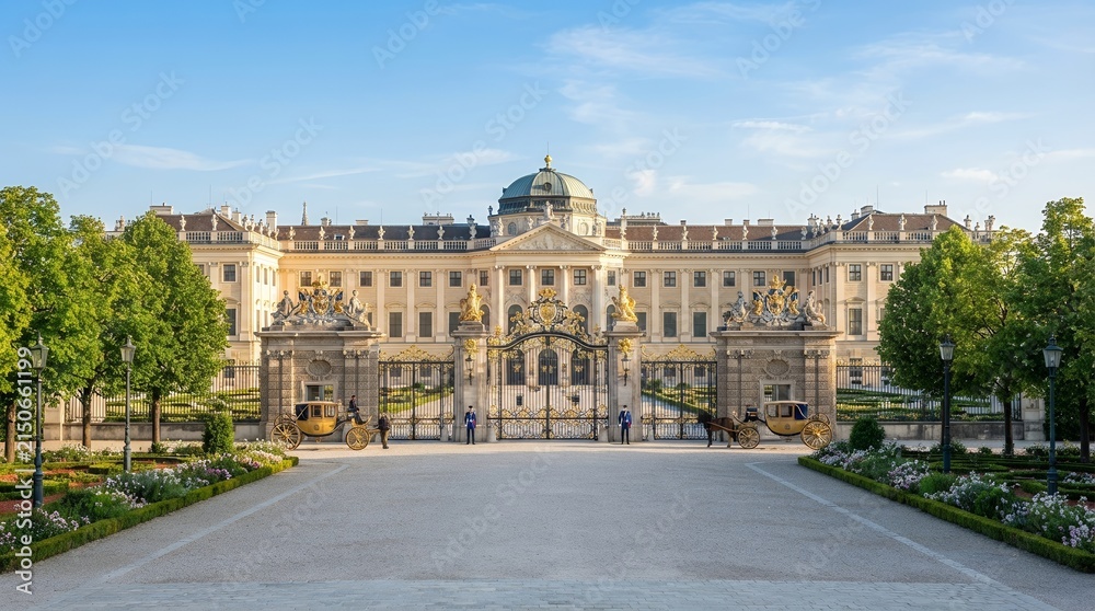 Obraz premium Grand Palace Facade with Trees and Gardens in Daylight.